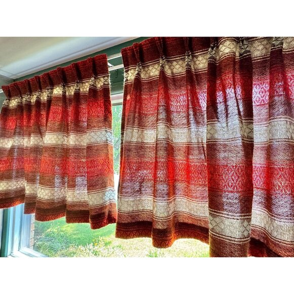 Vintage 70s curtains, brick red, brown, beige striped panel, pleated, pair - Picture 1 of 10